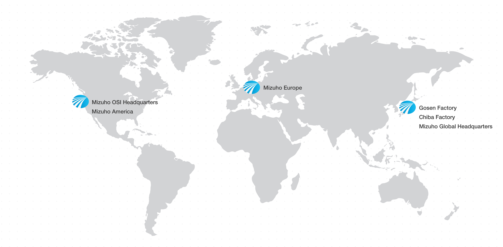 Map of the world with Mizuho locations indicated. Mizuho OSI HQ, Mizuho America, Mizuho Europe, Gosen Factory, Chiba Factory, Mizuho Global HQ